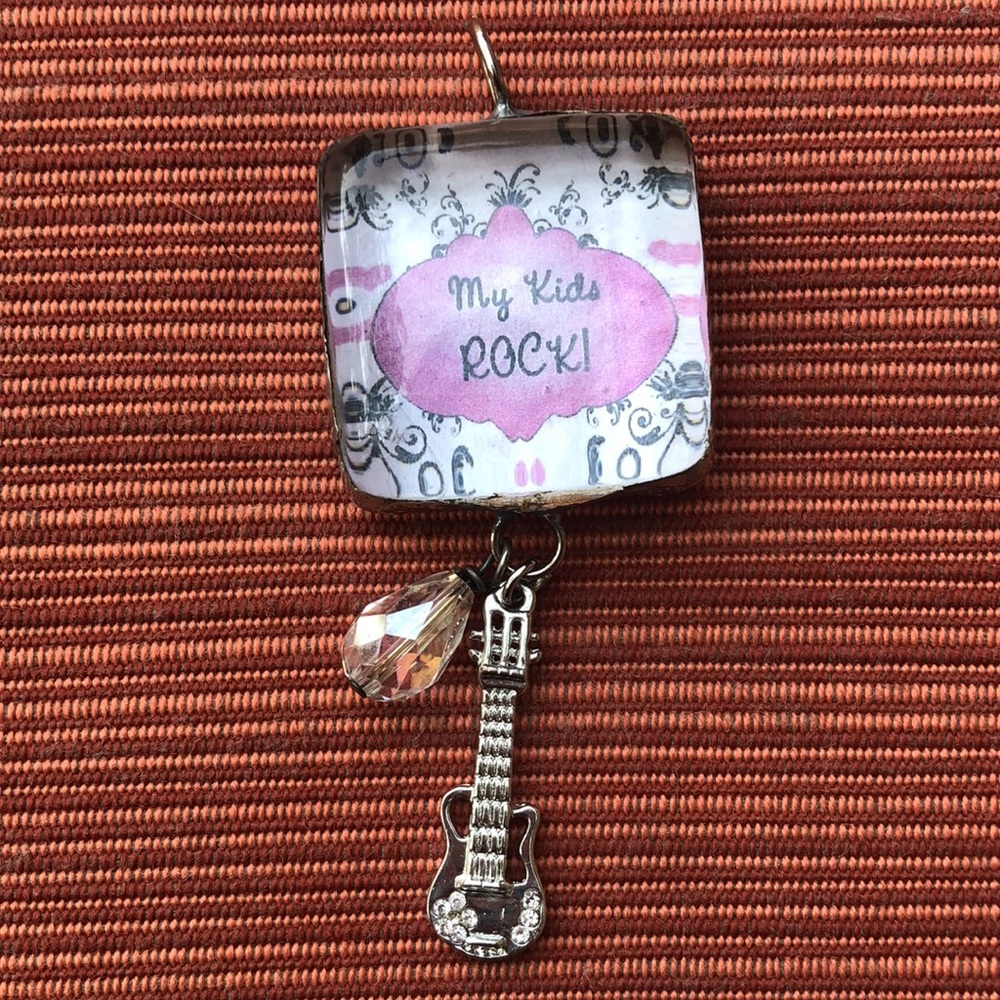 My Kids Rock pendant with guitar and crystal charm